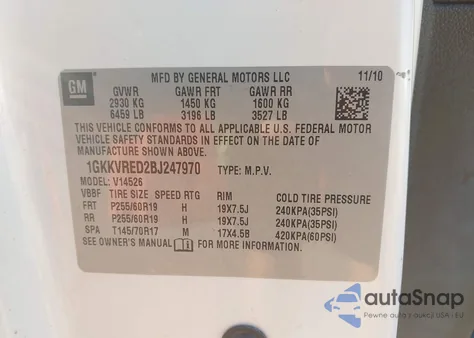 2011 GMC Acadia Slt-1 из США, поврежденный, VIN 1GKKVRED2BJ247970